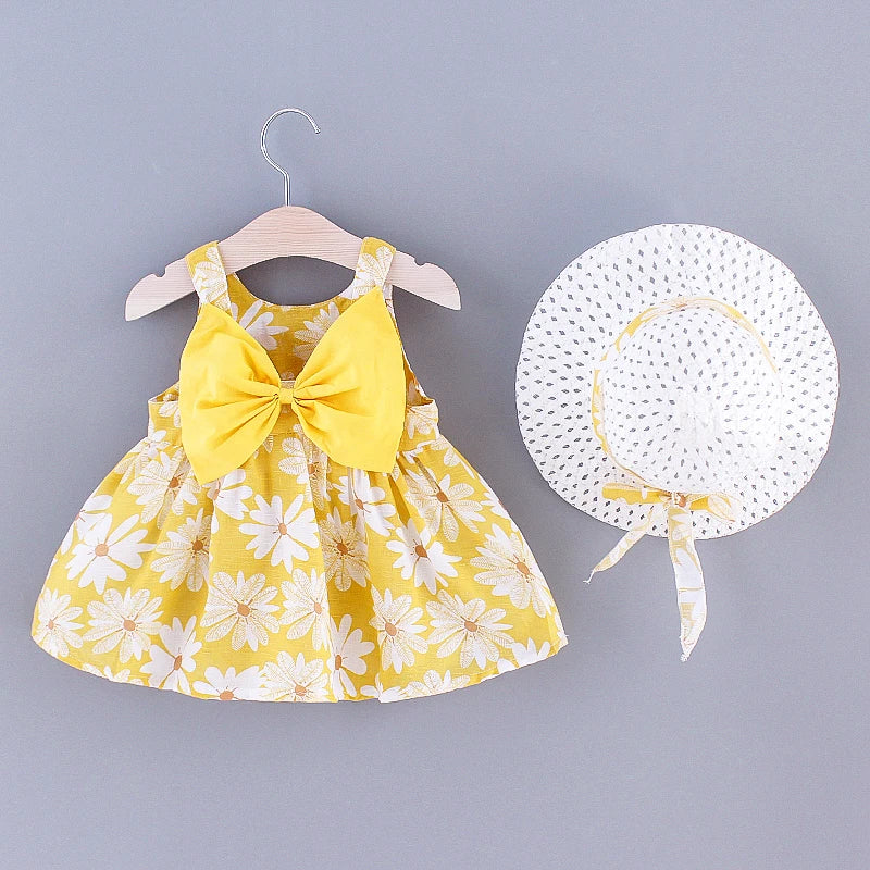 Baby Girl Dress Summer Bow And Full Print Daisy Pattern Suspender Beach Baby Dresses Cute Casual Baby Girl Clothes With Hat Quick Pick Grocers